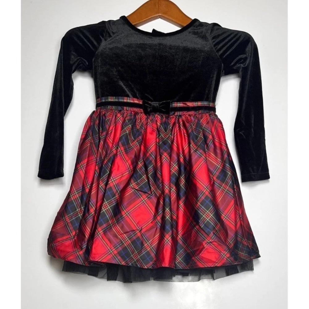 Cat‎ & Jack Fit & Flare Dress Girls Small Black Multi Tartan Plaid Velvet Bodice